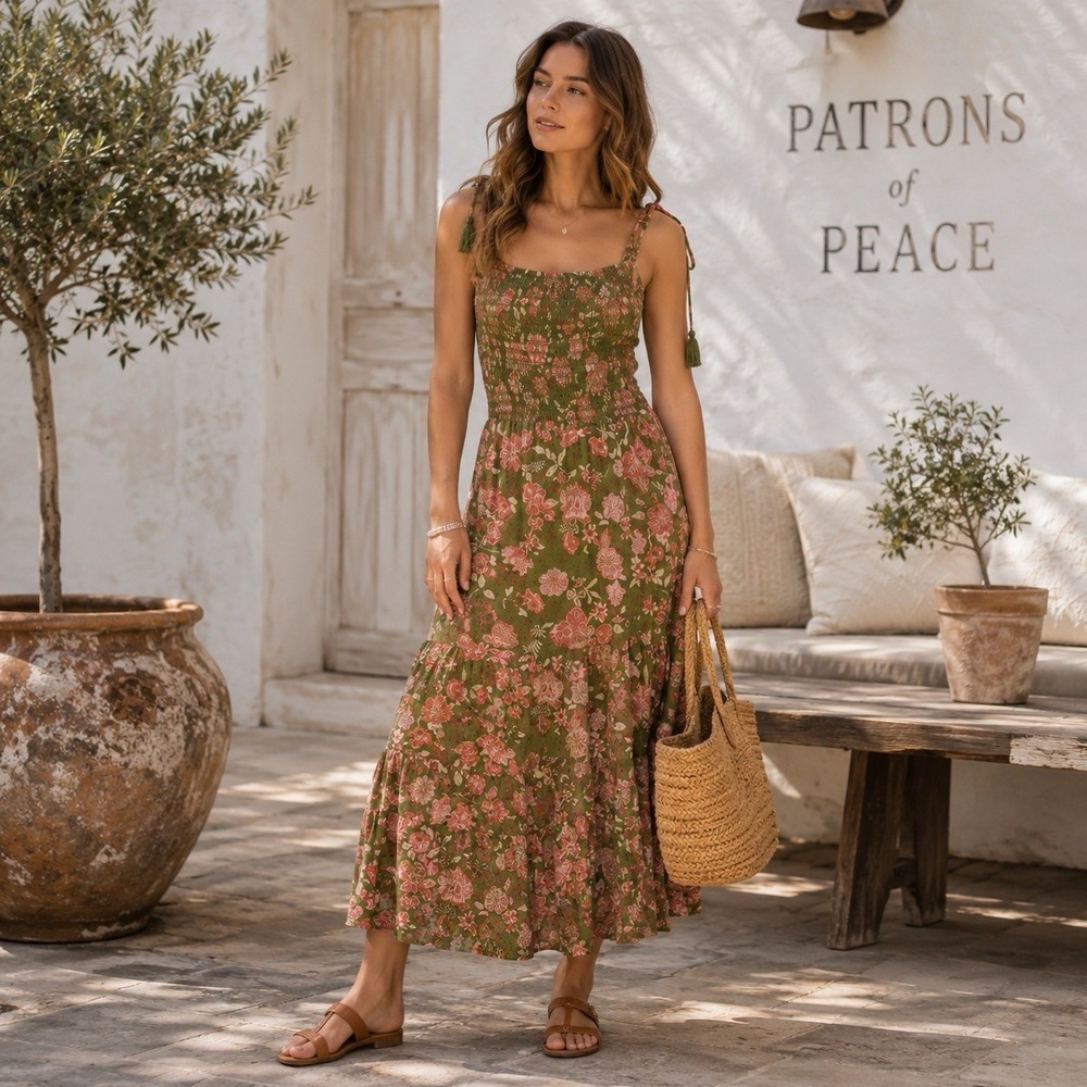PATRONS OF PEACE Women New Maxi Dress SMALL Tropical Floral Smocked Tassel J2897